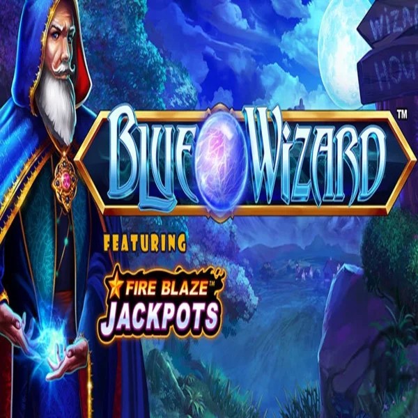 Blue Wizard Fire Blaze Jackpots online game logo by Rarestone Gaming on yeet-pl.com