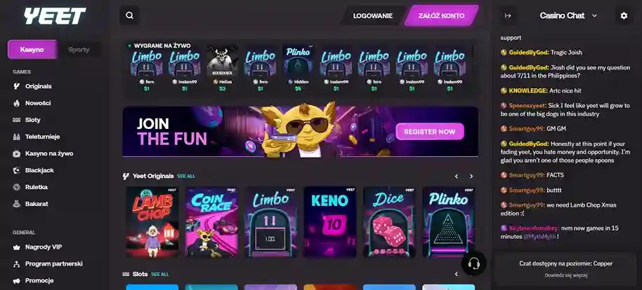 Yeet Casino Polska – ekran tworzenia konta z przyciskiem ZAŁÓŻ KONTO